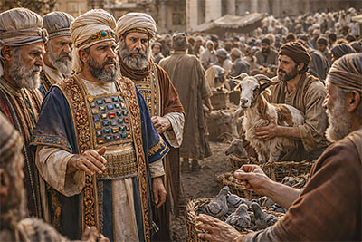 Chief priests observing the sale of sacrificial doves.
